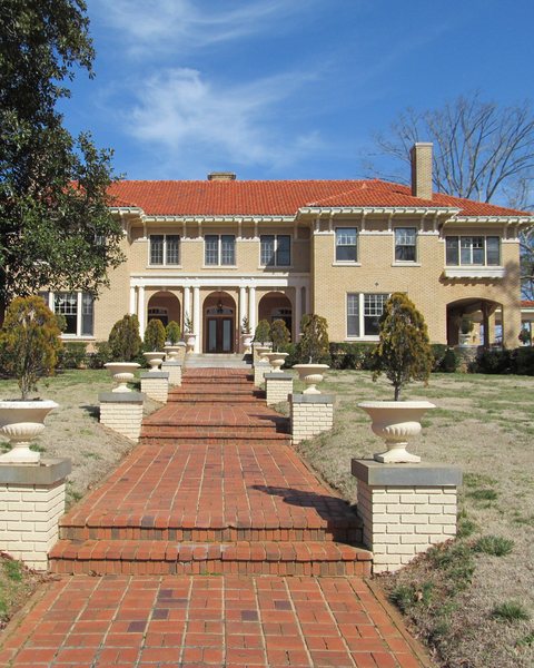 The Bona Allen Mansion in Buford, at the top of a long red-brick walk